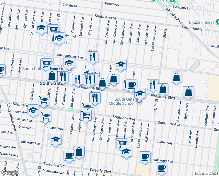 map of restaurants, bars, coffee shops, grocery stores, and more near 3727 Firestone Boulevard in South Gate