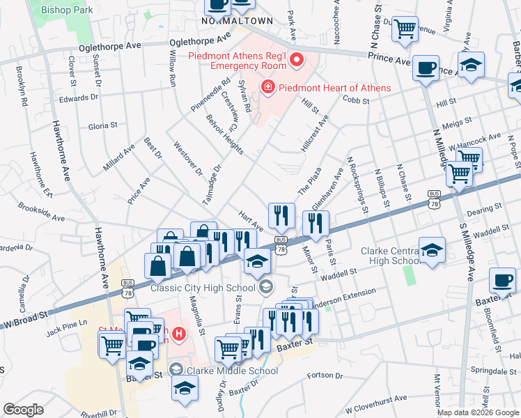 map of restaurants, bars, coffee shops, grocery stores, and more near 255 Hodgson Drive in Athens