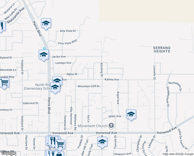 map of restaurants, bars, coffee shops, grocery stores, and more near 25448 Kalmia Avenue in Moreno Valley
