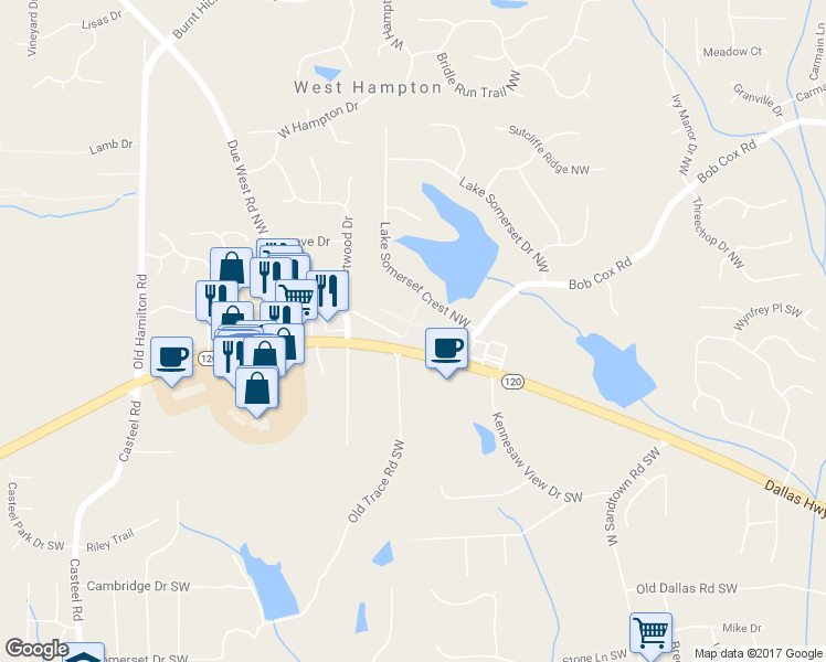 map of restaurants, bars, coffee shops, grocery stores, and more near 3415 Old Due West Road Northwest in Marietta