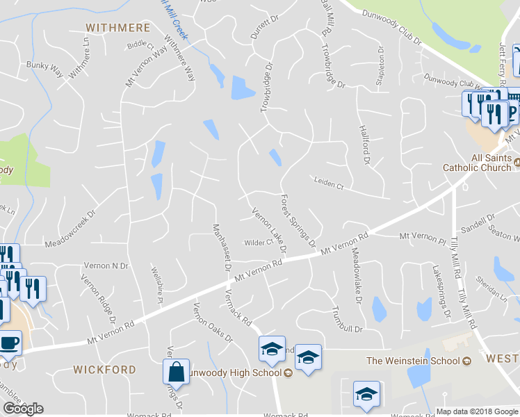 map of restaurants, bars, coffee shops, grocery stores, and more near 5271 Vernon Lake Drive in Dunwoody