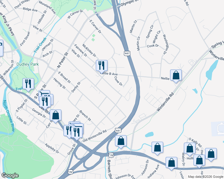 map of restaurants, bars, coffee shops, grocery stores, and more near 656 Vine Street in Athens