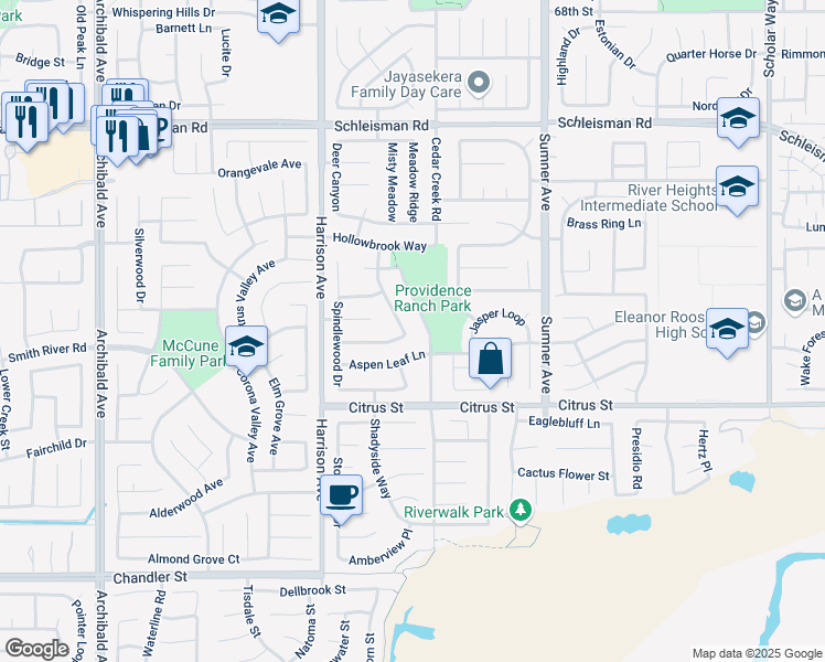 map of restaurants, bars, coffee shops, grocery stores, and more near 7377 Cobble Creek Drive in Corona