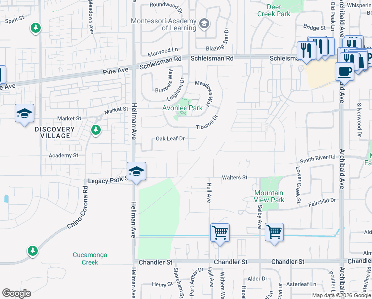 map of restaurants, bars, coffee shops, grocery stores, and more near 14763 Ella Drive in Corona