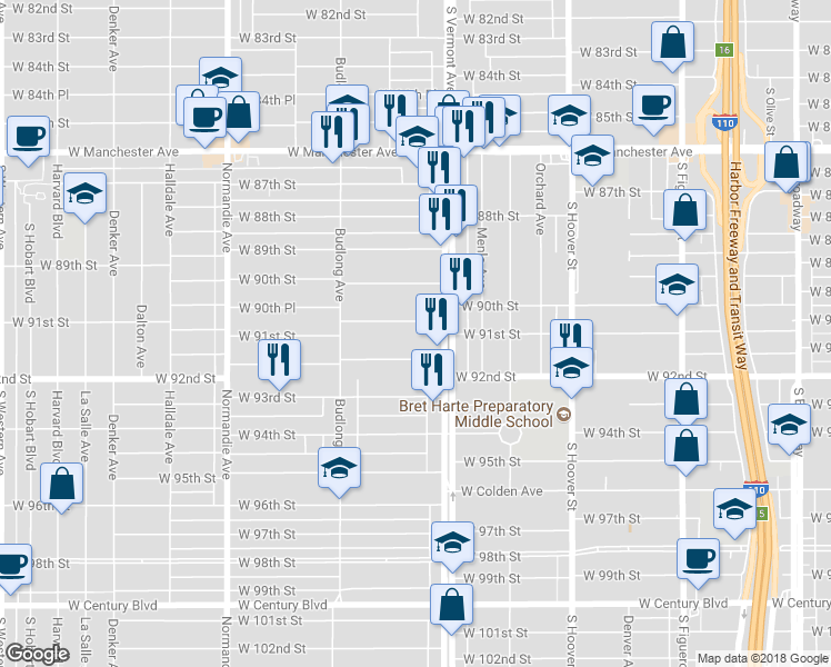 map of restaurants, bars, coffee shops, grocery stores, and more near 1026 West 91st Street in Los Angeles