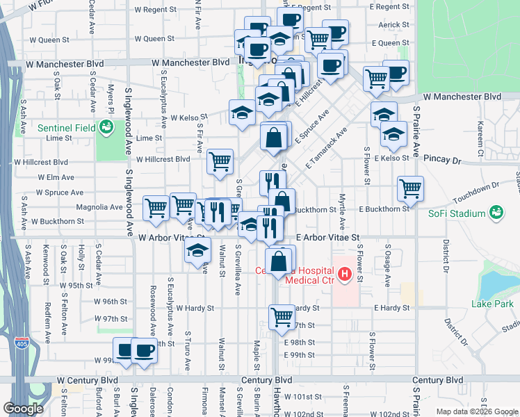 map of restaurants, bars, coffee shops, grocery stores, and more near 801 South La Brea Avenue in Inglewood
