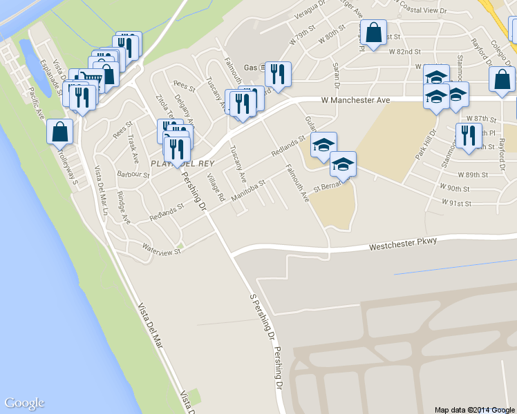 map of restaurants, bars, coffee shops, grocery stores, and more near 8160 Manitoba Street in Los Angeles