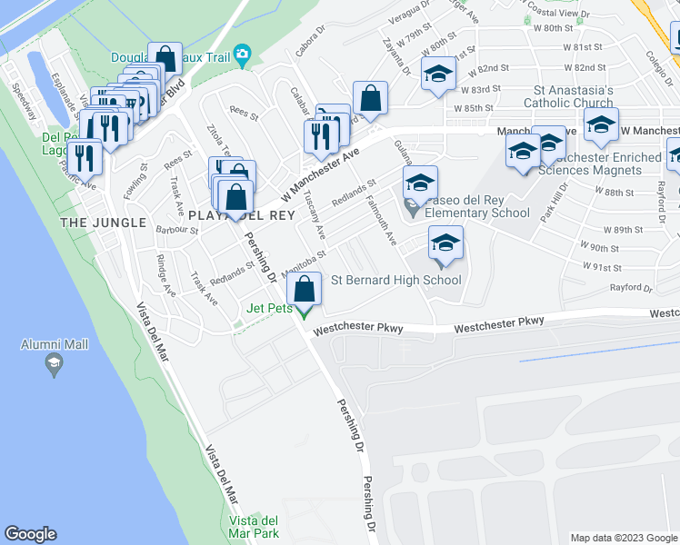 map of restaurants, bars, coffee shops, grocery stores, and more near 8160 Manitoba Street in Los Angeles