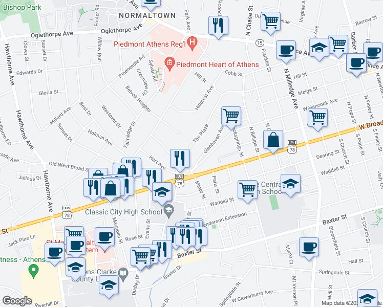 map of restaurants, bars, coffee shops, grocery stores, and more near 355 The Plaza in Athens