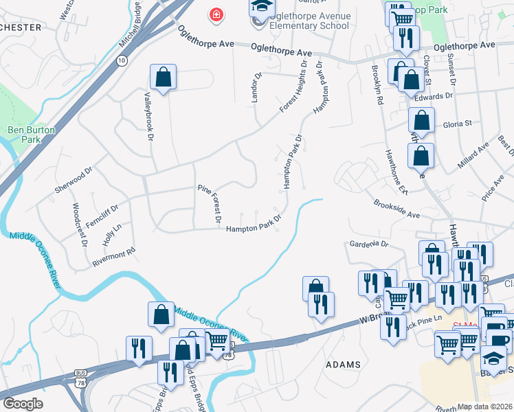 map of restaurants, bars, coffee shops, grocery stores, and more near 608 Creekside Court in Athens