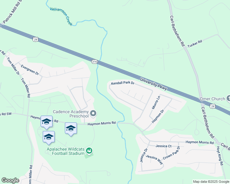 map of restaurants, bars, coffee shops, grocery stores, and more near 901 Kendall Park Drive in Winder