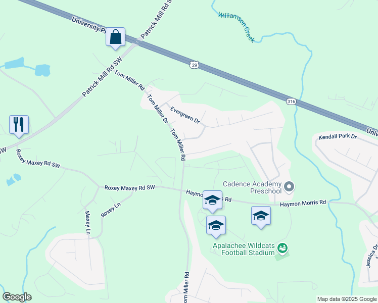 map of restaurants, bars, coffee shops, grocery stores, and more near 32 Livingston Court in Winder