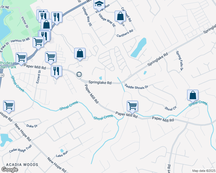 map of restaurants, bars, coffee shops, grocery stores, and more near 404 Springlake Road in Lawrenceville