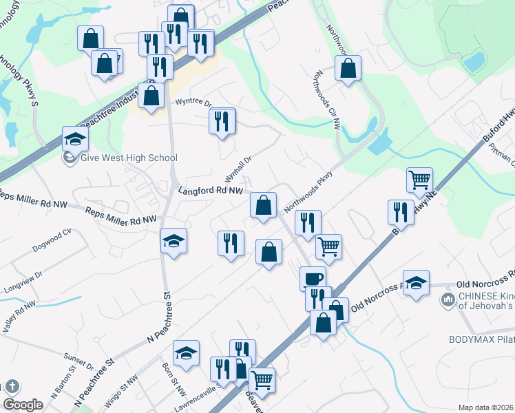 map of restaurants, bars, coffee shops, grocery stores, and more near 2701 Langford Commons Court in Norcross