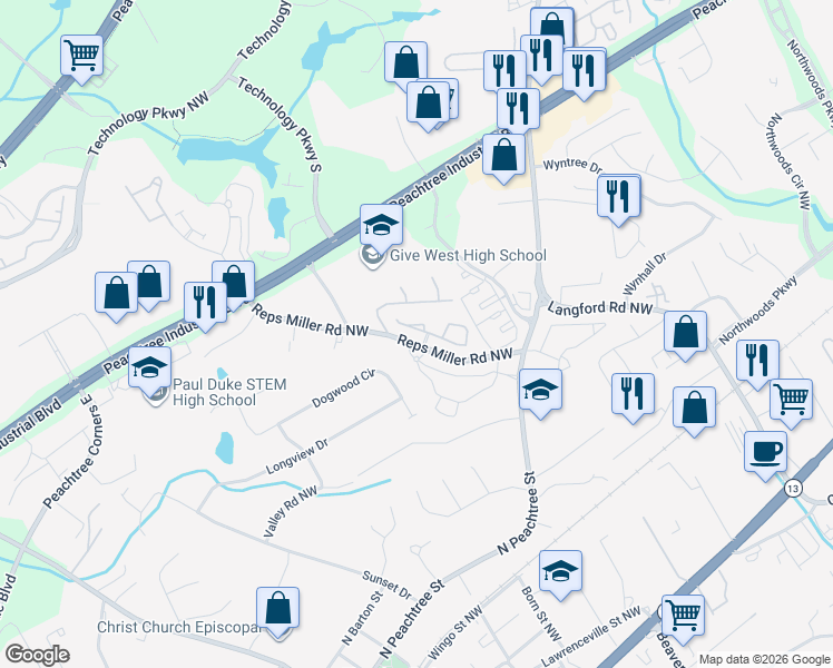 map of restaurants, bars, coffee shops, grocery stores, and more near 5734 Reps Trce in Norcross