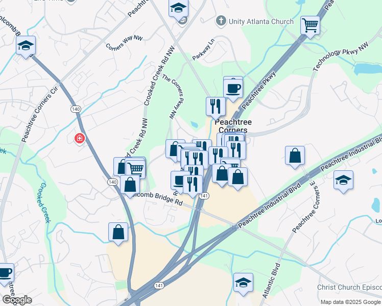 map of restaurants, bars, coffee shops, grocery stores, and more near 3371 Kiveton Court in Peachtree Corners
