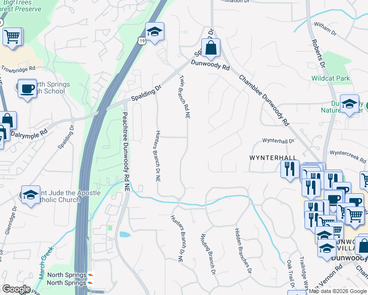 map of restaurants, bars, coffee shops, grocery stores, and more near 7290 Twin Branch Road Northeast in Atlanta