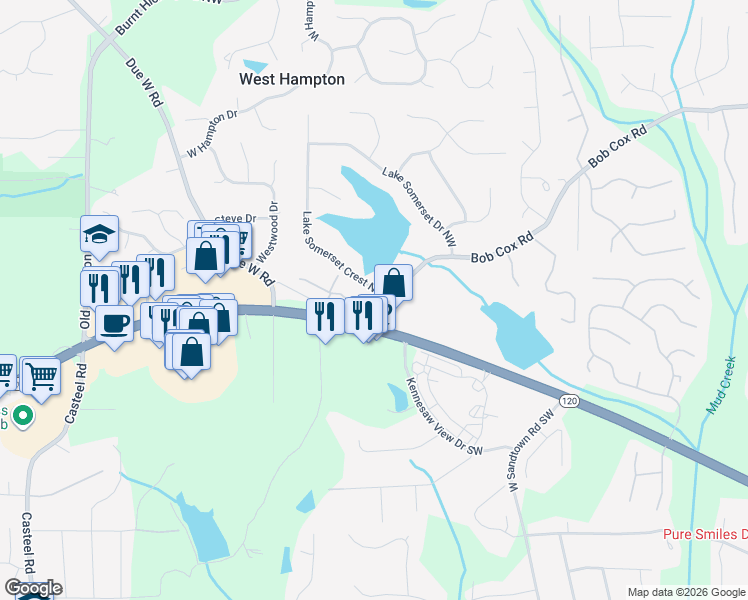 map of restaurants, bars, coffee shops, grocery stores, and more near 3316 Timbers Edge Drive in Marietta