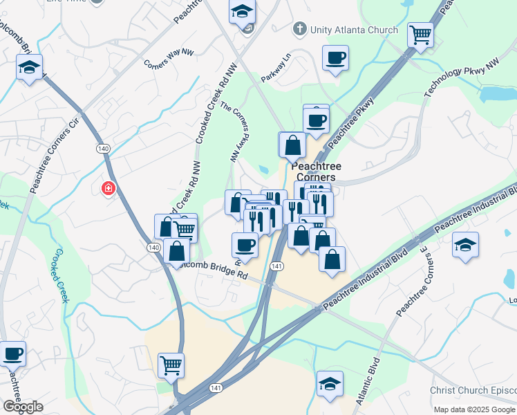 map of restaurants, bars, coffee shops, grocery stores, and more near 3371 Kiveton Court in Peachtree Corners