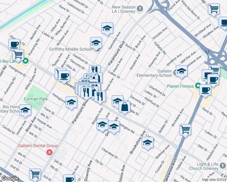 map of restaurants, bars, coffee shops, grocery stores, and more near 8067 Otto Street in Downey