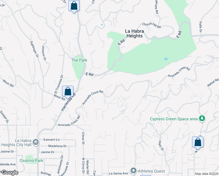 map of restaurants, bars, coffee shops, grocery stores, and more near 515 Avocado Crest Road in La Habra Heights
