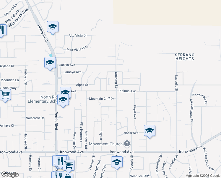map of restaurants, bars, coffee shops, grocery stores, and more near 25448 Kalmia Avenue in Moreno Valley