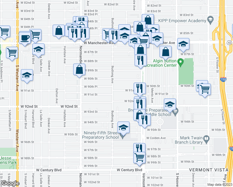 map of restaurants, bars, coffee shops, grocery stores, and more near 1146 West 91st Street in Los Angeles