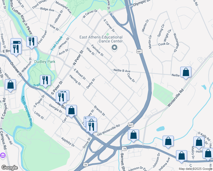 map of restaurants, bars, coffee shops, grocery stores, and more near 352 Arch Street in Athens