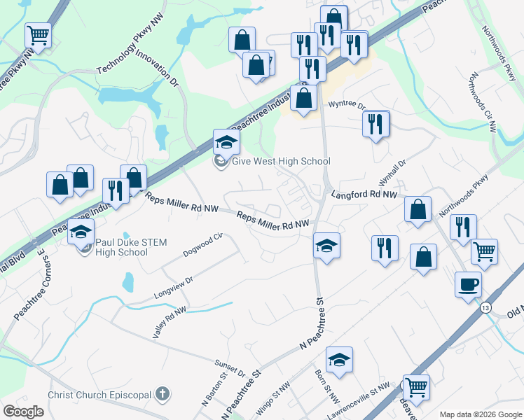 map of restaurants, bars, coffee shops, grocery stores, and more near 5251 Reps Trce in Norcross