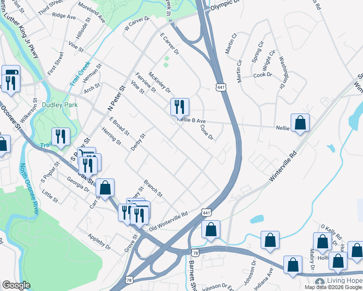 map of restaurants, bars, coffee shops, grocery stores, and more near 361 Arch Street in Athens