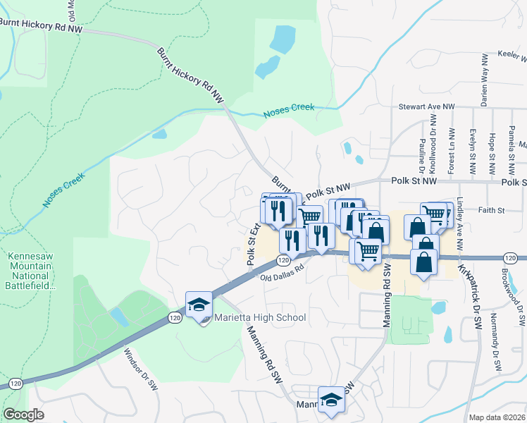 map of restaurants, bars, coffee shops, grocery stores, and more near 925 Burnt Hickory Circle Northwest in Marietta