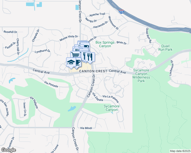 map of restaurants, bars, coffee shops, grocery stores, and more near 847 Via Sierra Nevada in Riverside