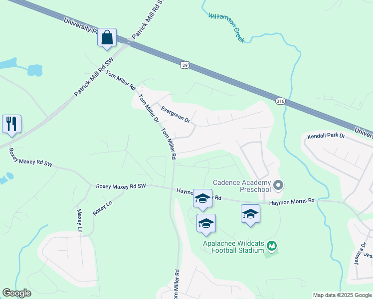 map of restaurants, bars, coffee shops, grocery stores, and more near 32 Livingston Court in Winder