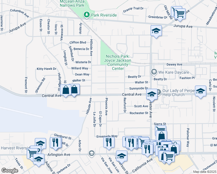 map of restaurants, bars, coffee shops, grocery stores, and more near 5585 Norman Way in Riverside
