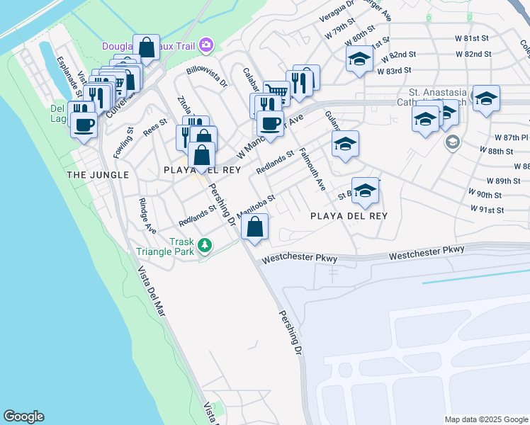 map of restaurants, bars, coffee shops, grocery stores, and more near 8300 Manitoba Street in Los Angeles