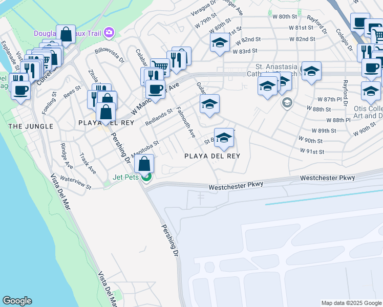 map of restaurants, bars, coffee shops, grocery stores, and more near 8707 Falmouth Avenue in Los Angeles