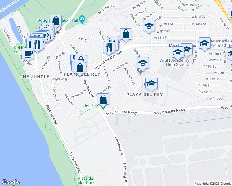 map of restaurants, bars, coffee shops, grocery stores, and more near 8160 Manitoba Street in Los Angeles