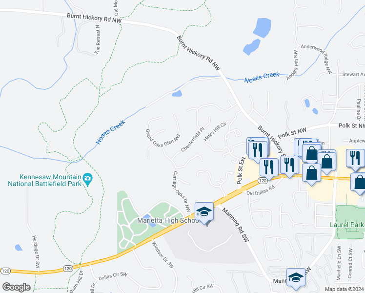 map of restaurants, bars, coffee shops, grocery stores, and more near 1034 Chesterfield Place Northwest in Marietta