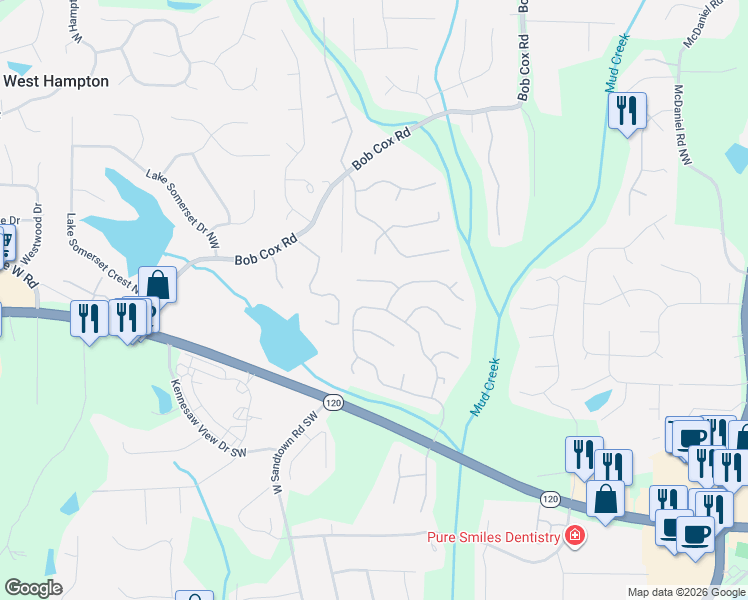 map of restaurants, bars, coffee shops, grocery stores, and more near 140 Helmswood Circle Southwest in Marietta