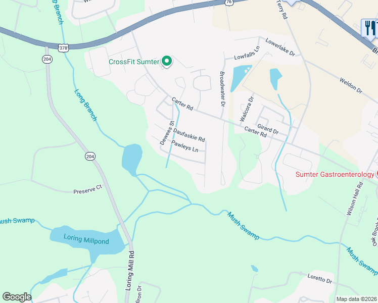 map of restaurants, bars, coffee shops, grocery stores, and more near 1085 Dewees Street in Sumter