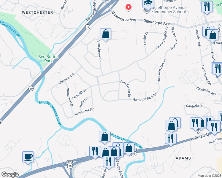 map of restaurants, bars, coffee shops, grocery stores, and more near 115 Wood Valley Lane in Athens