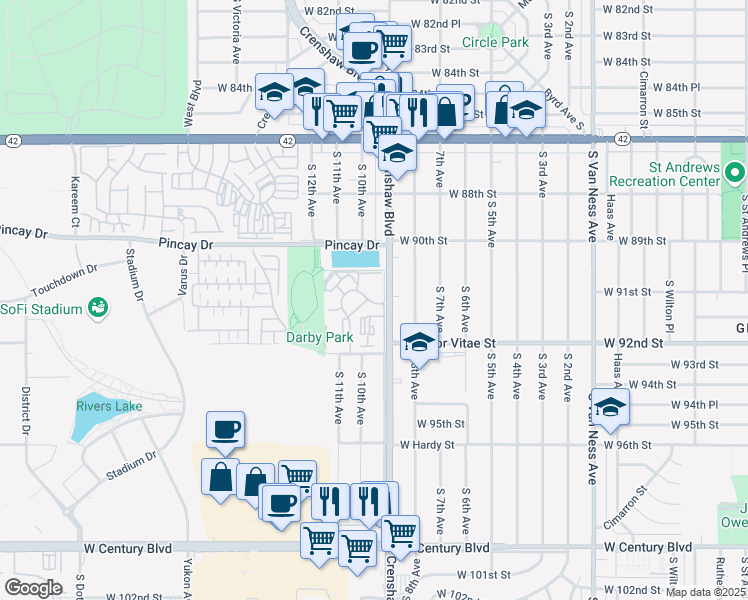 map of restaurants, bars, coffee shops, grocery stores, and more near 3137 Hollypark Drive in Inglewood