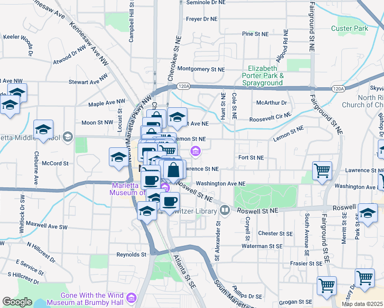 map of restaurants, bars, coffee shops, grocery stores, and more near 101 Haynes Street in Marietta