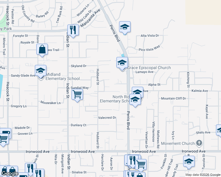 map of restaurants, bars, coffee shops, grocery stores, and more near 24859 Rock Springs Trail in Moreno Valley