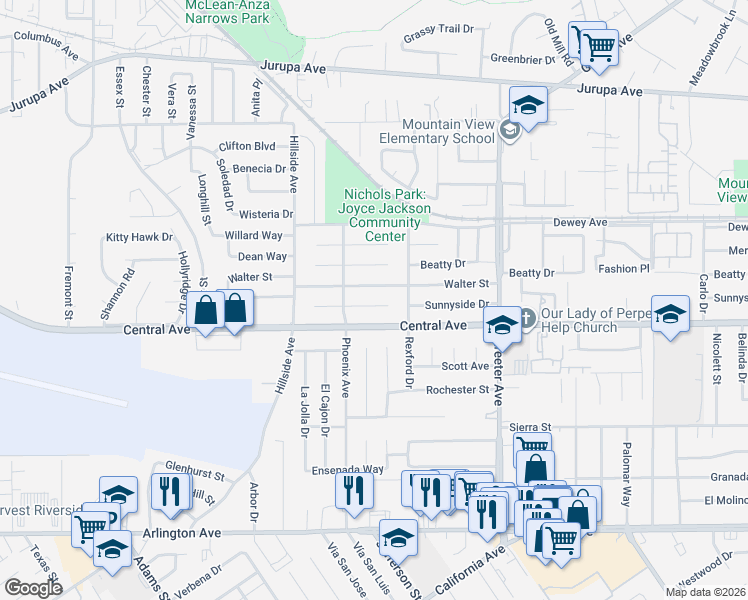 map of restaurants, bars, coffee shops, grocery stores, and more near 5572 Norman Way in Riverside