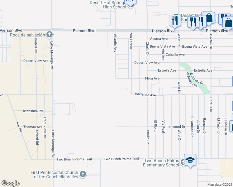 map of restaurants, bars, coffee shops, grocery stores, and more near Hacienda Avenue in Desert Hot Springs