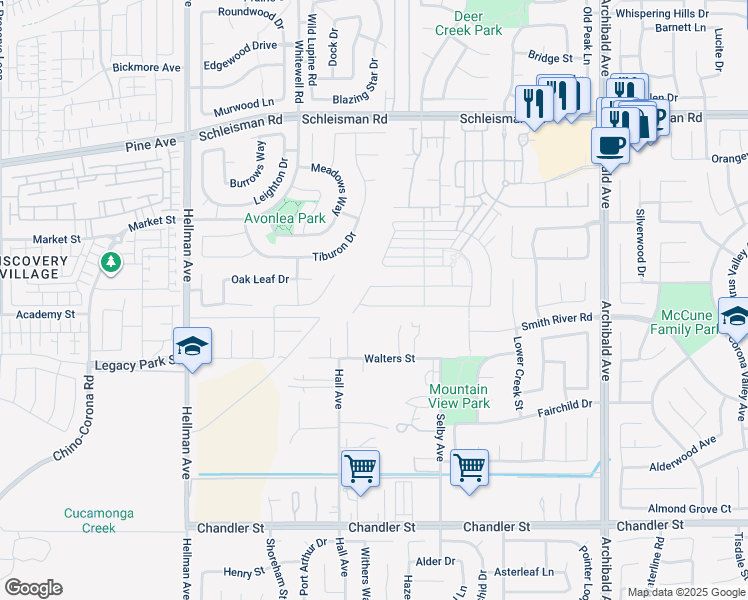 map of restaurants, bars, coffee shops, grocery stores, and more near 14648 Viva Drive in Corona