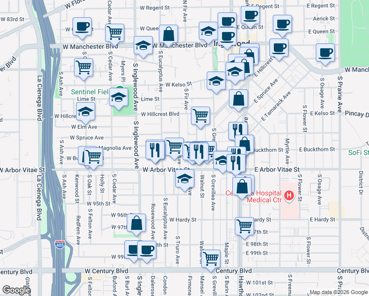 map of restaurants, bars, coffee shops, grocery stores, and more near 726 South Fir Avenue in Inglewood