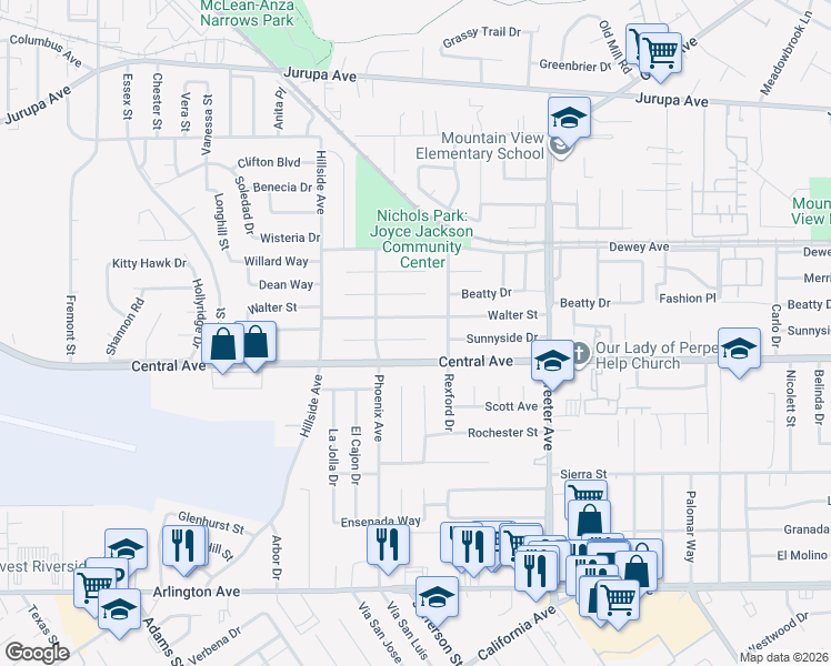 map of restaurants, bars, coffee shops, grocery stores, and more near 5572 Norman Way in Riverside