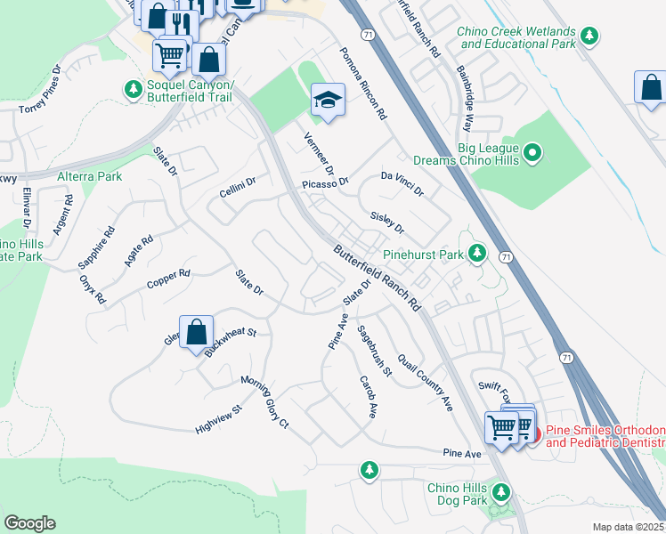 map of restaurants, bars, coffee shops, grocery stores, and more near 16675 Slate Drive in Chino Hills